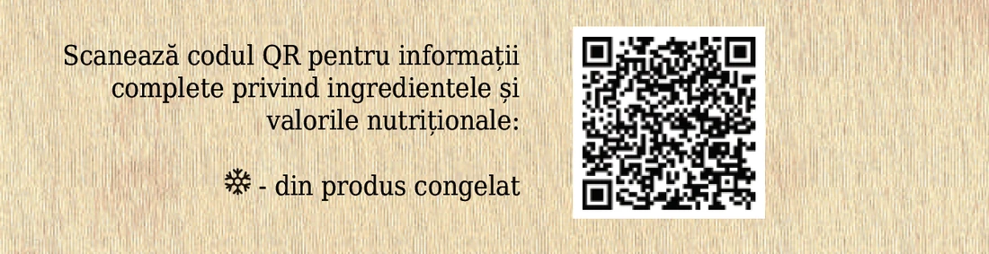 Decupaj din meniul Sergiana Coresi: „Scanează codul QR pentru informații complete privind ingredientele și valorile nutriționale”, cu codul alături și legenda pentru produsele din congelat