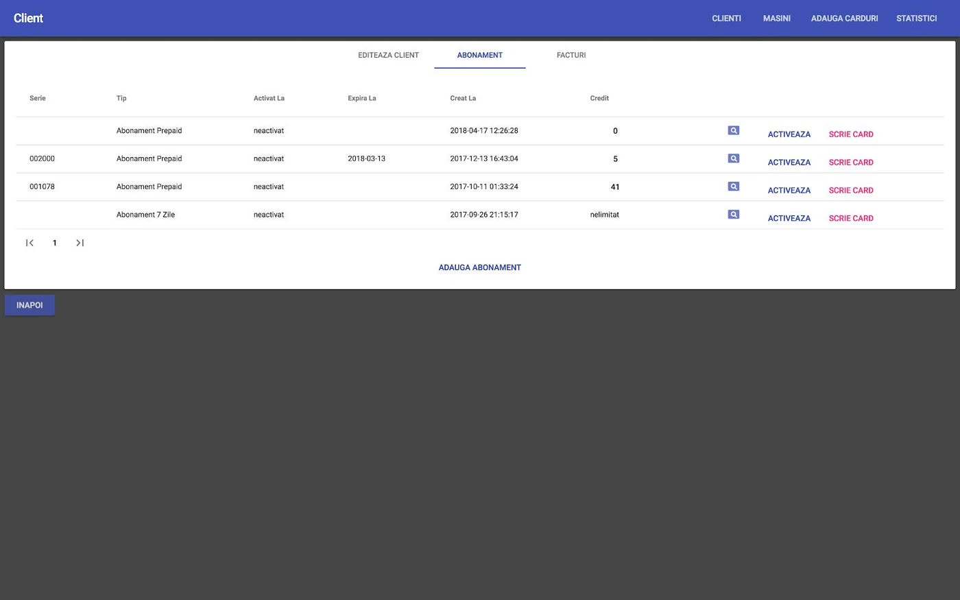 Lista de abonamente a unui călător: serie card, tip de abonament, data activării, expirarea și creditul rămas