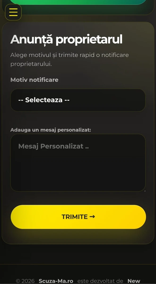 Formularul de anunțare a proprietarului: selector pentru motivul notificării și câmp opțional de mesaj personalizat