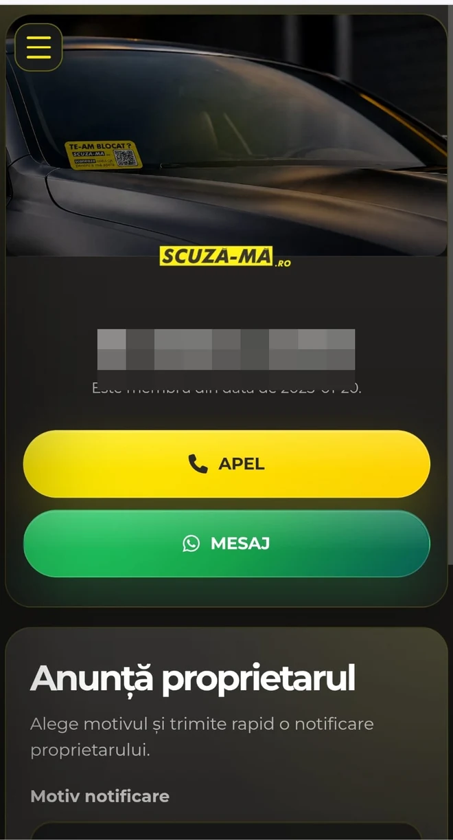 Pagina deschisă după scanarea codului QR: numărul de înmatriculare, data înscrierii și butoanele de apel și mesaj WhatsApp