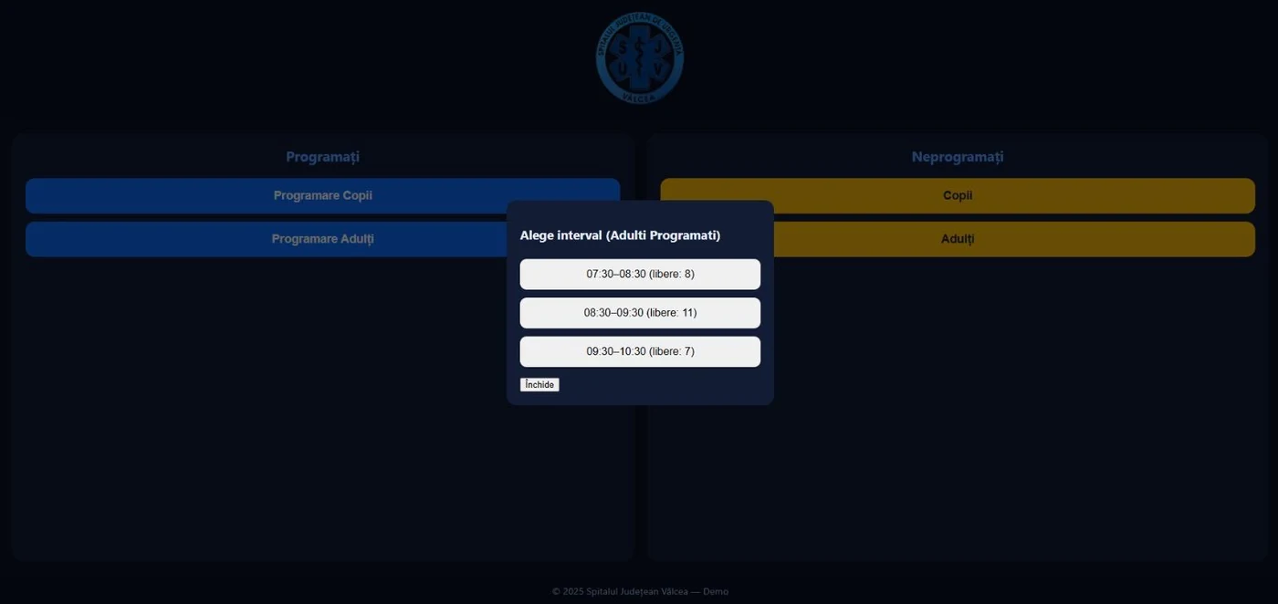 Selecția intervalului orar pentru pacienții programați, cu numărul de locuri libere pe fiecare interval