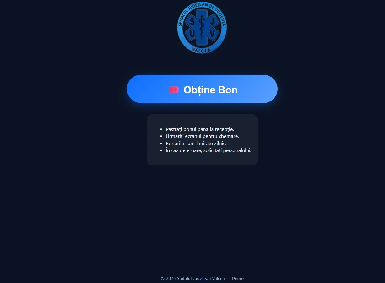 Ecranul totemului: un buton mare „Obține Bon” și instrucțiuni scurte pentru pacient